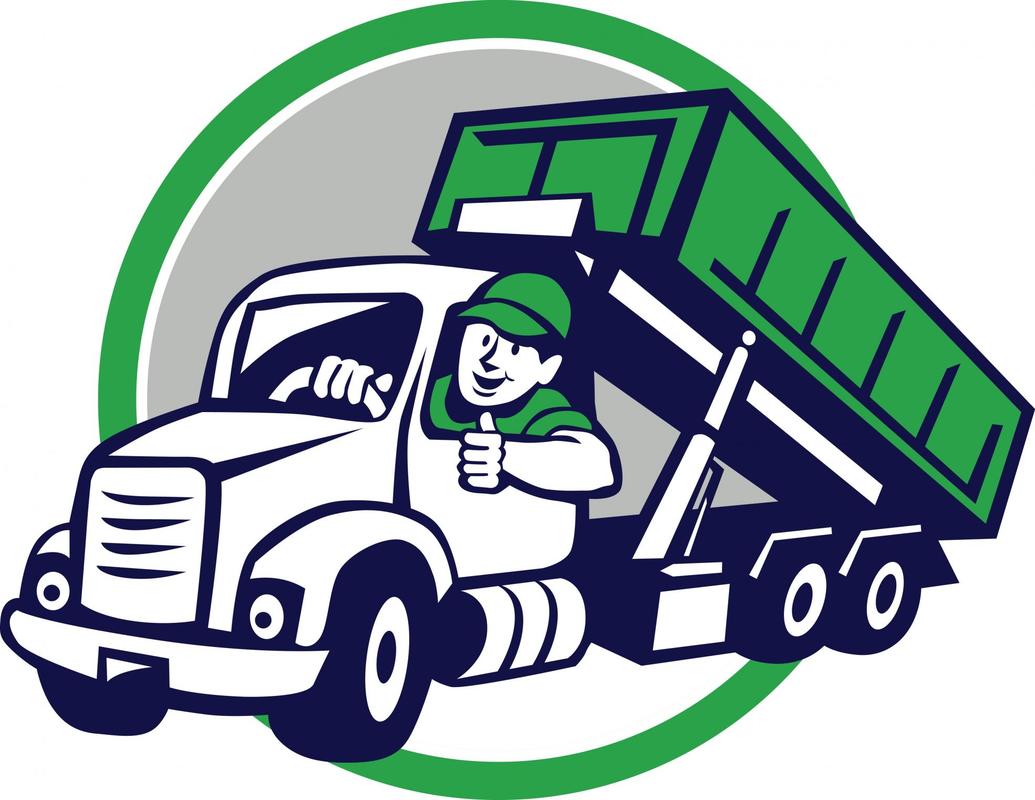 Graphic of a garbage man hauling junk in a vehicle